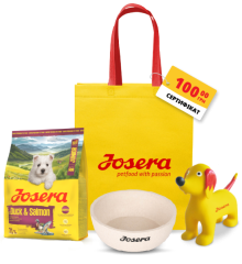 Стартовий набір для цуценят "Маленький дослідник": сухий корм Josera MiniJunior 900 г для цуценят малих порід, миска, іграшка, еко-сумка та сертифікат на 100 грн – ідеальний комплект