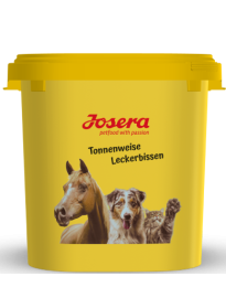 Жовтий контейнер Josera для зберігання корму 35 л із зображенням коня, собаки й кота
