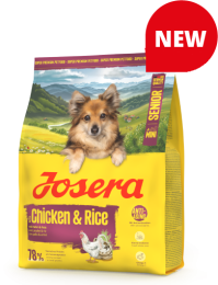 Пакування корму для літніх собак міні порід Josera Mini Senior Chicken & Rice із позначкою New