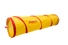 Жовтий тунель Josera для котів із червоними кантами та підвішеним м’ячиком для гри