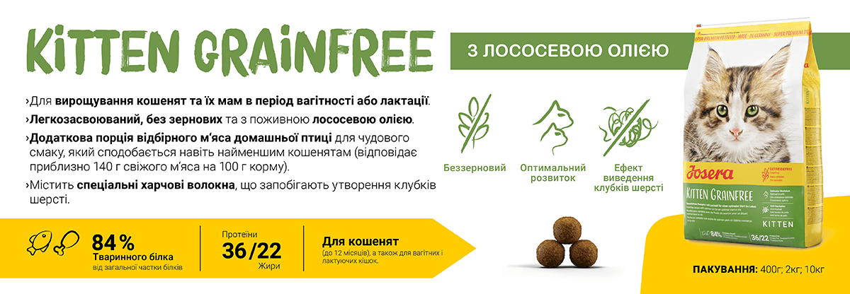 Josera Kitten Grainfree – беззерновий корм для кошенят та їх мам, з лососевою олією для оптимального розвитку, контролю клубків шерсті і здорового зростання. Склад: 84% тваринного білка, спеціальні харчові волокна.